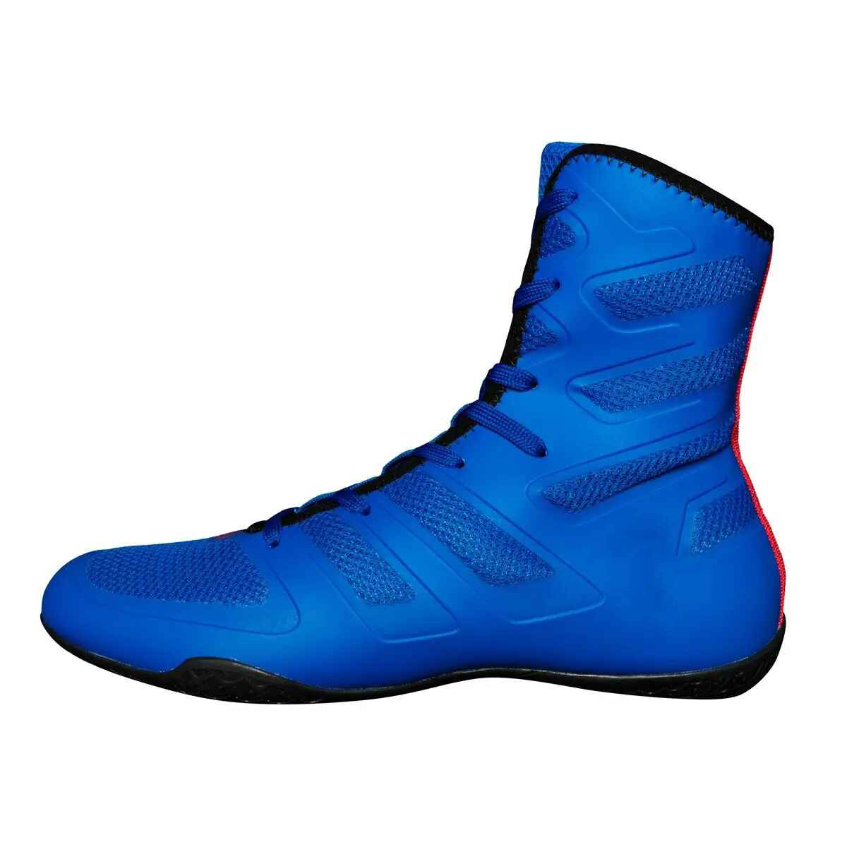 Royal Blue Mesh High-Top Boxing Shoes with Molded Overlays and Red Heel Trim